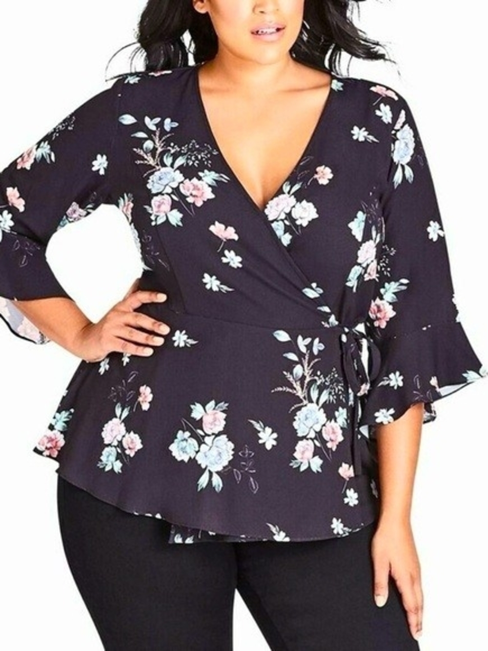 City Chic XXL/24 Black Floral Faux Wrap Bell Sleeve Top